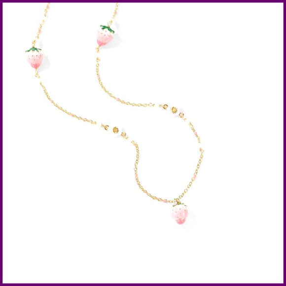 Gold-Plated Enamel Strawberry Station Necklace Adjustable Chain Gift